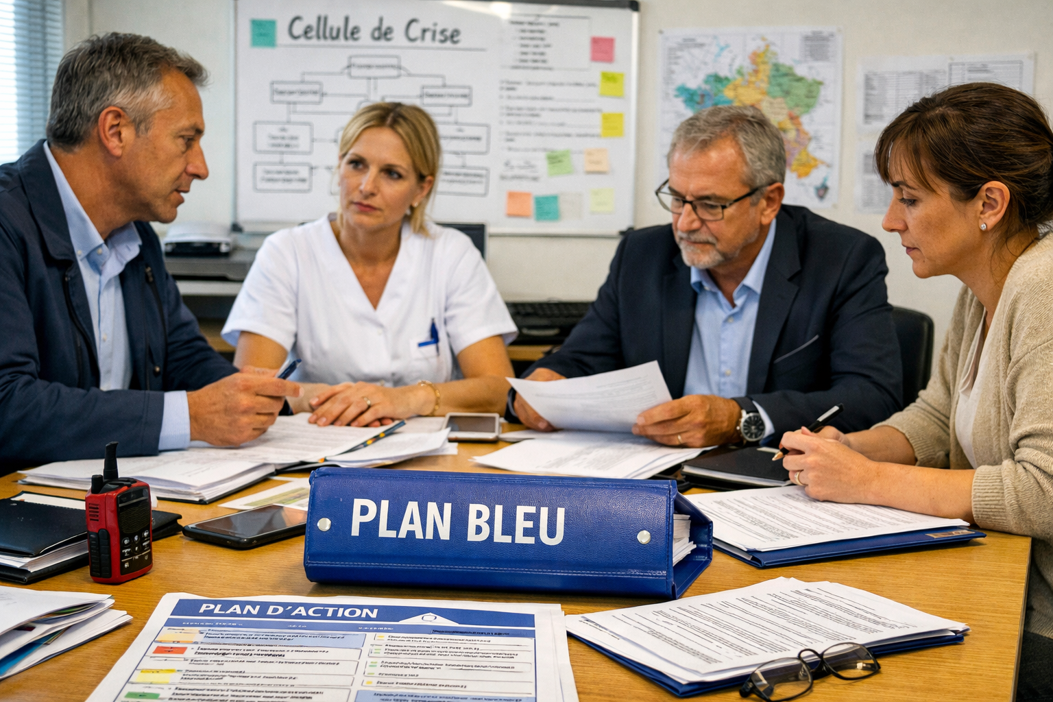 Réunion de cellule de crise en établissement médico-social autour du Plan Bleu ESMS