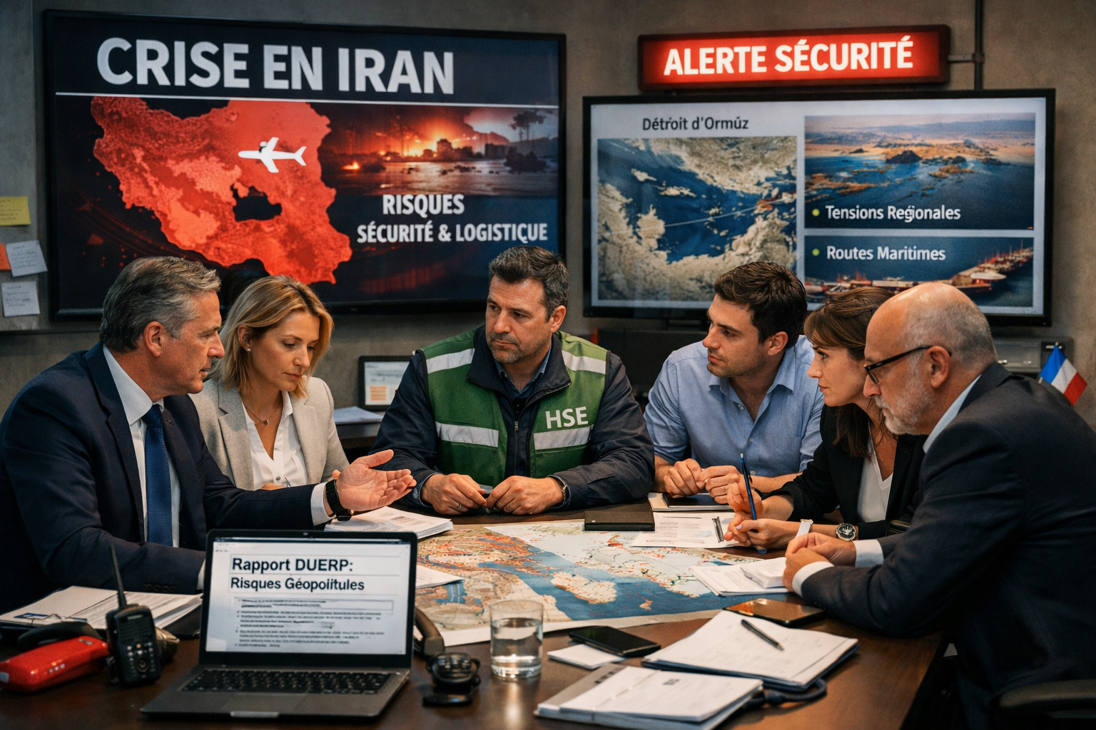 Équipe de direction et responsable HSE réunis pour évaluer un risque international. crise en Iran risque santé sécurité