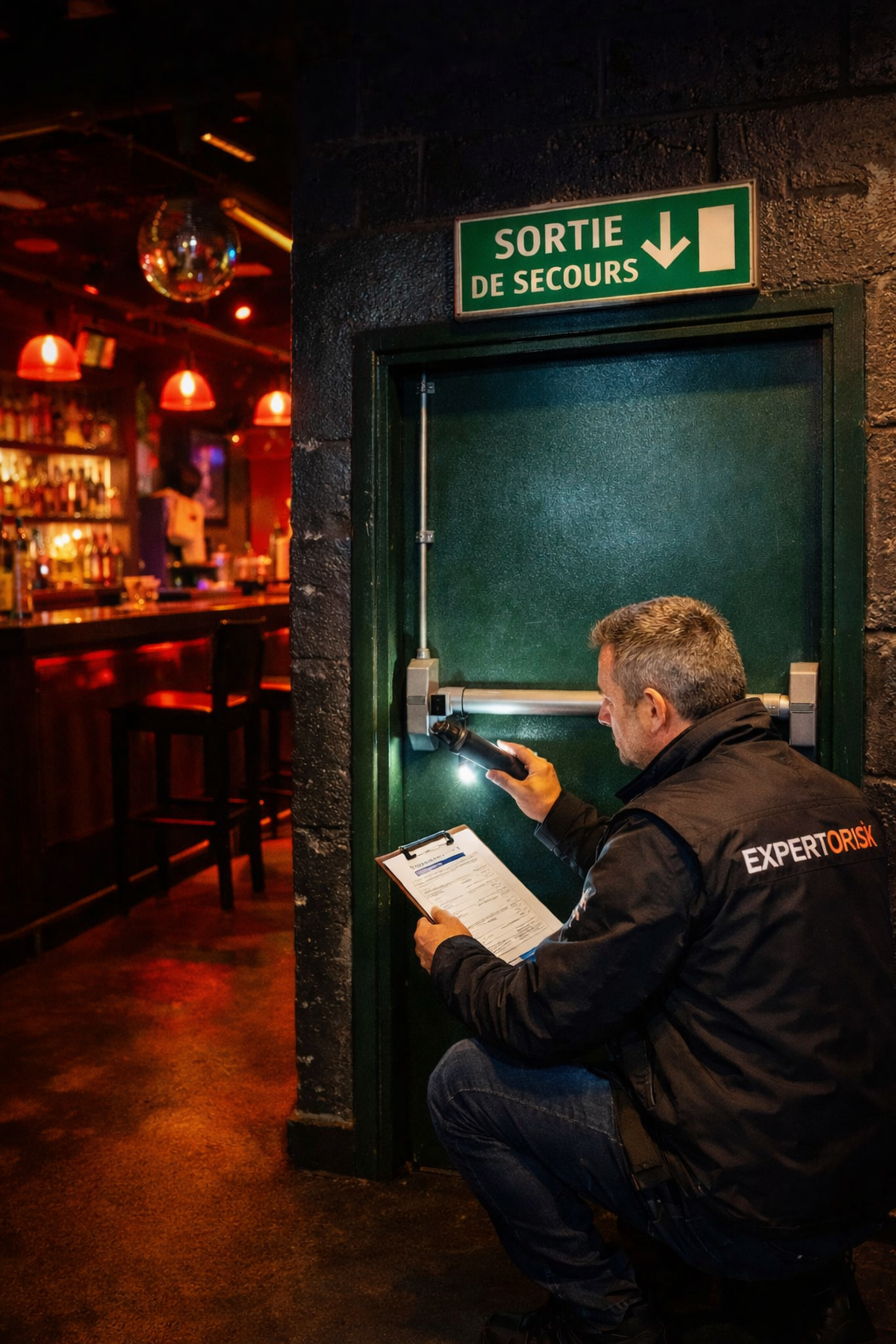 Audit flash incendie ERP — expert inspectant une issue de secours dans un bar