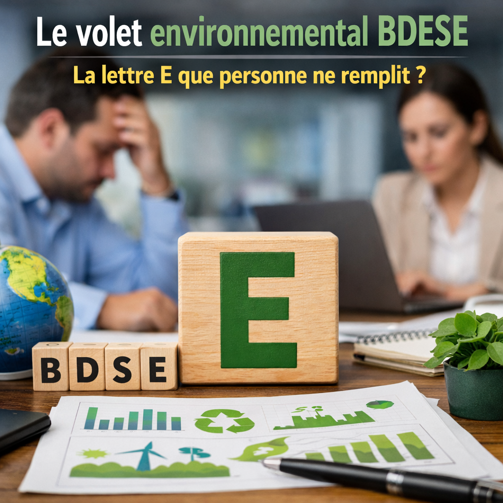 Illustration du volet environnemental BDESE avec un grand E vert, des cubes BDSE et des indicateurs environnementaux sur un bureau.