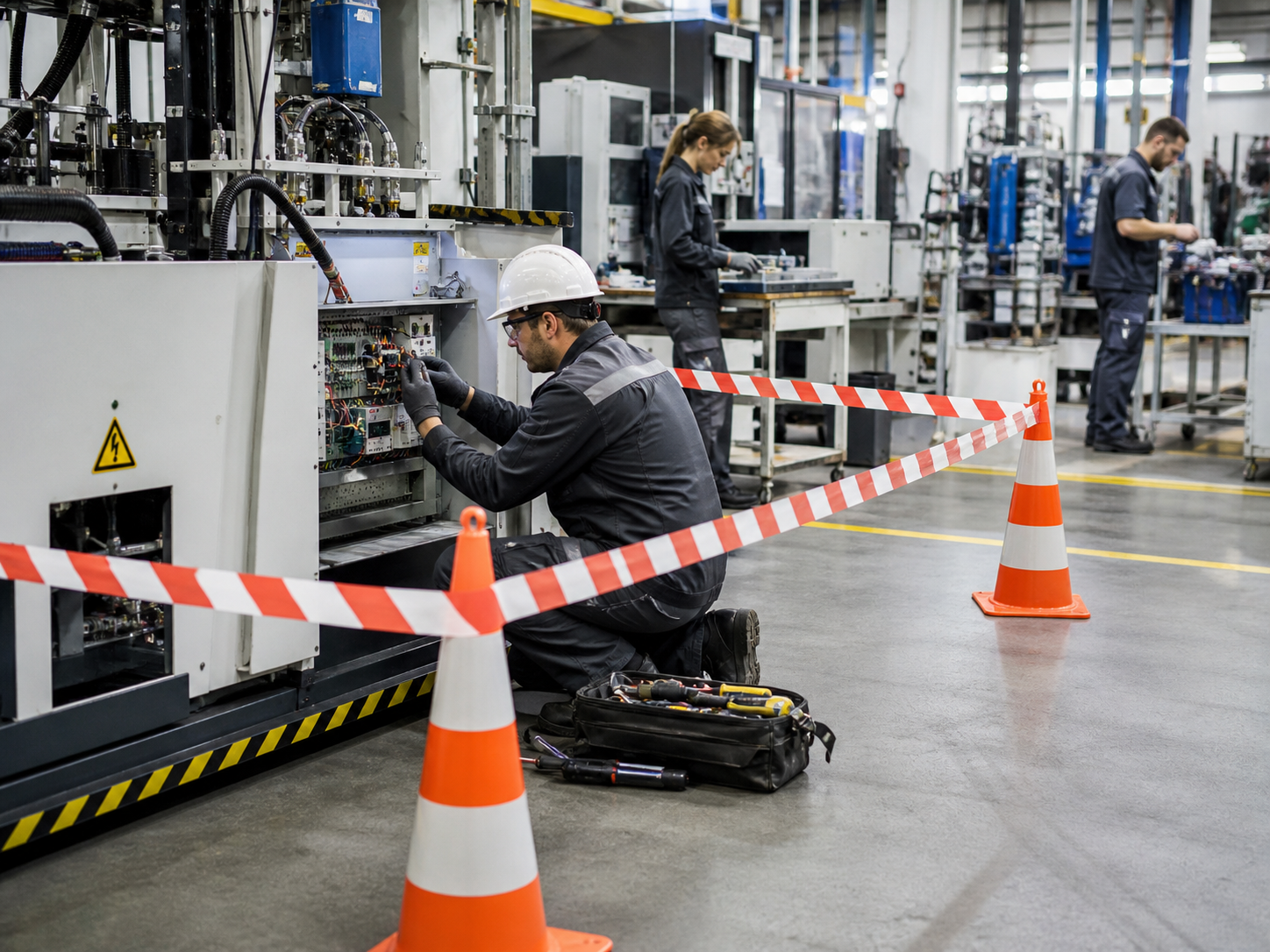 Technicien extérieur intervenant dans une entreprise avec une zone de travail balisée